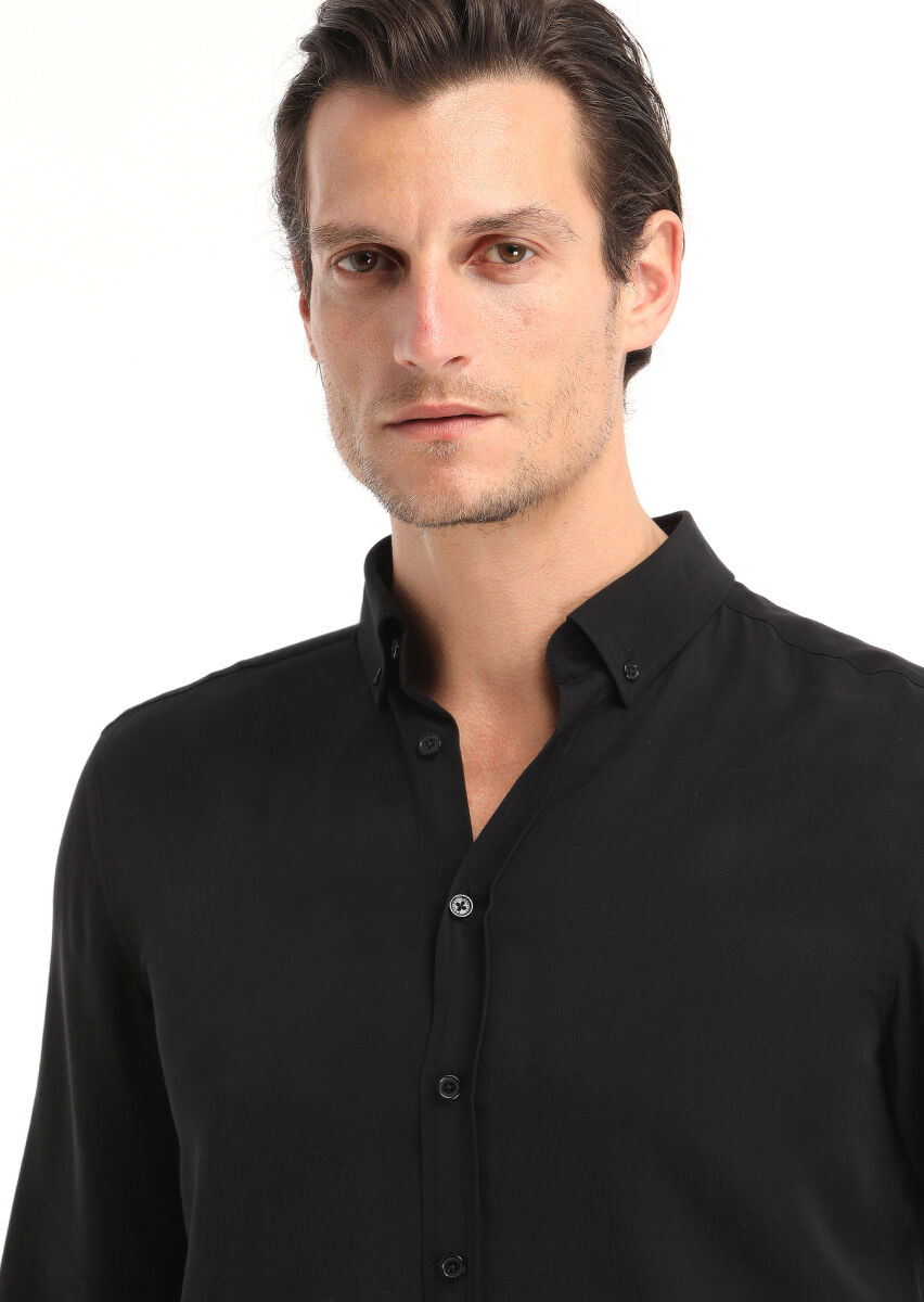 Black Plain Regular Fit Long Weaving Casual Shirt - 3
