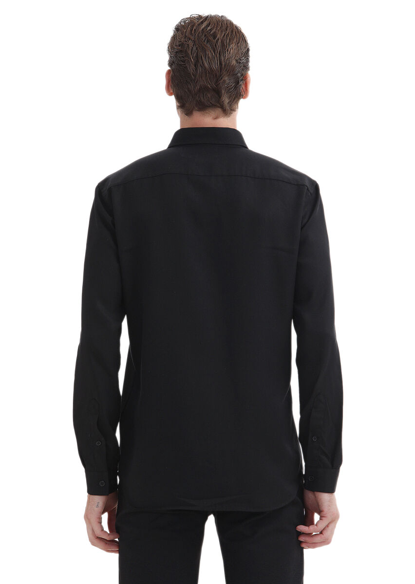 Black Plain Regular Fit Long Weaving Casual Shirt - 4