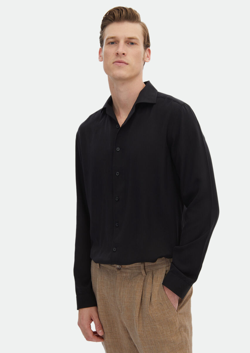 Black Plain Regular Fit Long Weaving Casual Shirt - 1