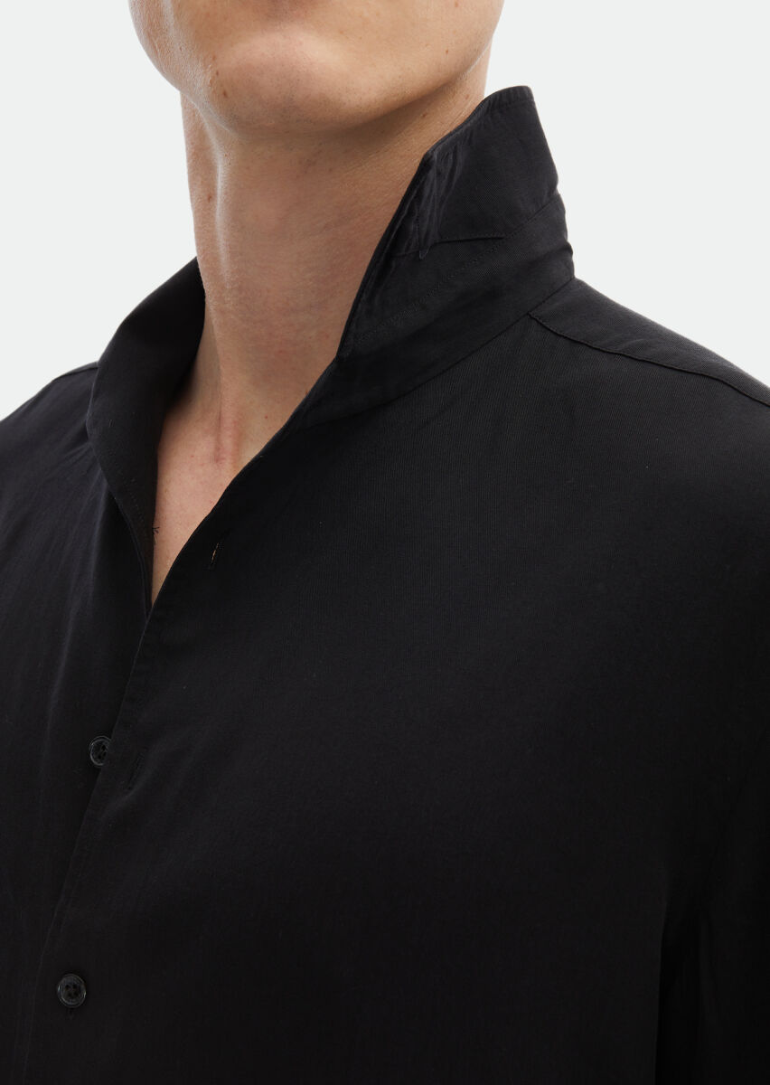 Black Plain Regular Fit Long Weaving Casual Shirt - 5