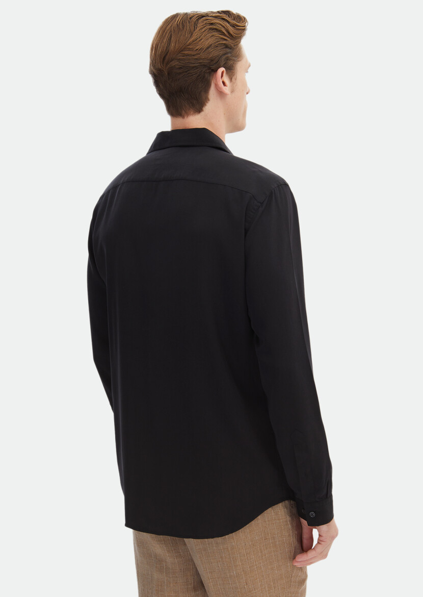 Black Plain Regular Fit Long Weaving Casual Shirt - 7