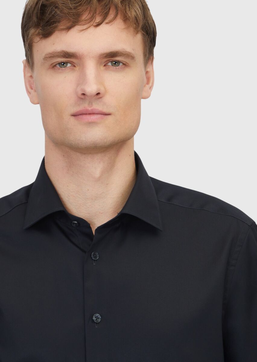 Black Plain Regular Fit Long Weaving Classical 100% Cotton Shirt - 3