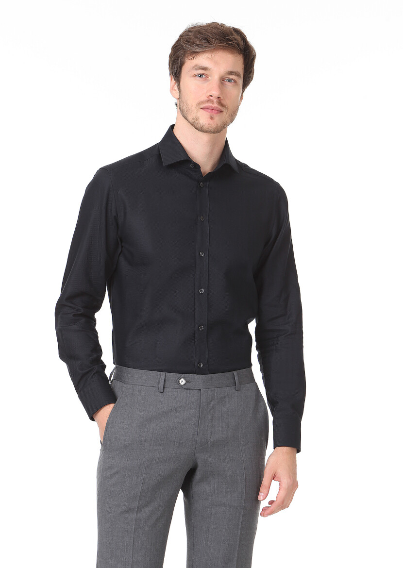 Black Plain Regular Fit Long Weaving Classical 100% Cotton Shirt - 1