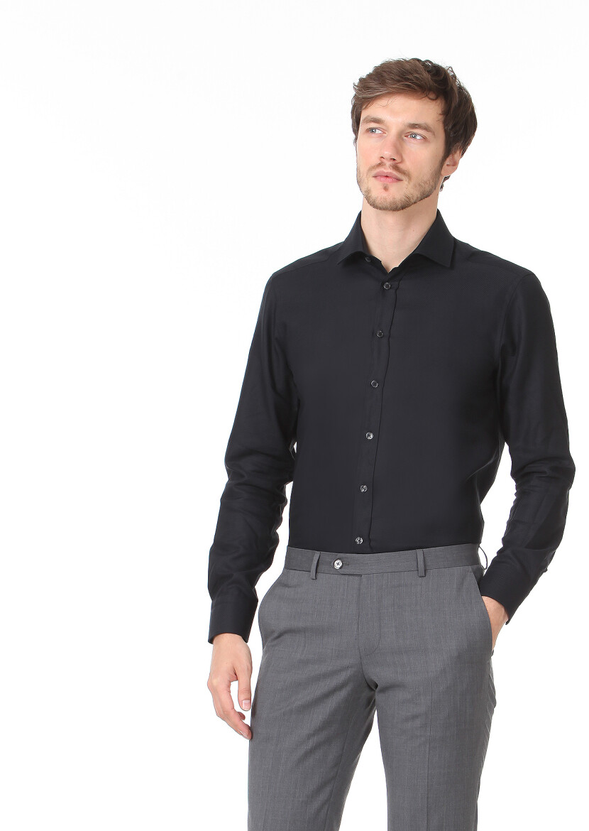 Black Plain Regular Fit Long Weaving Classical 100% Cotton Shirt - 3