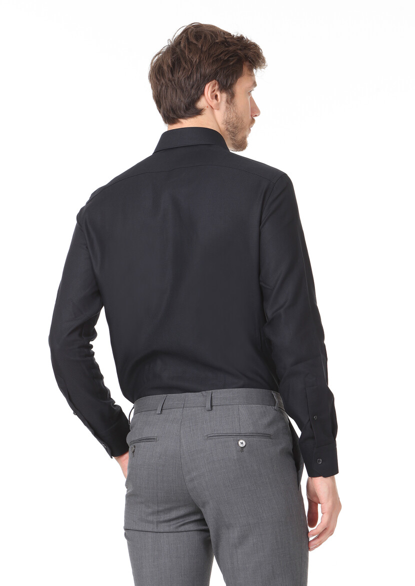 Black Plain Regular Fit Long Weaving Classical 100% Cotton Shirt - 4