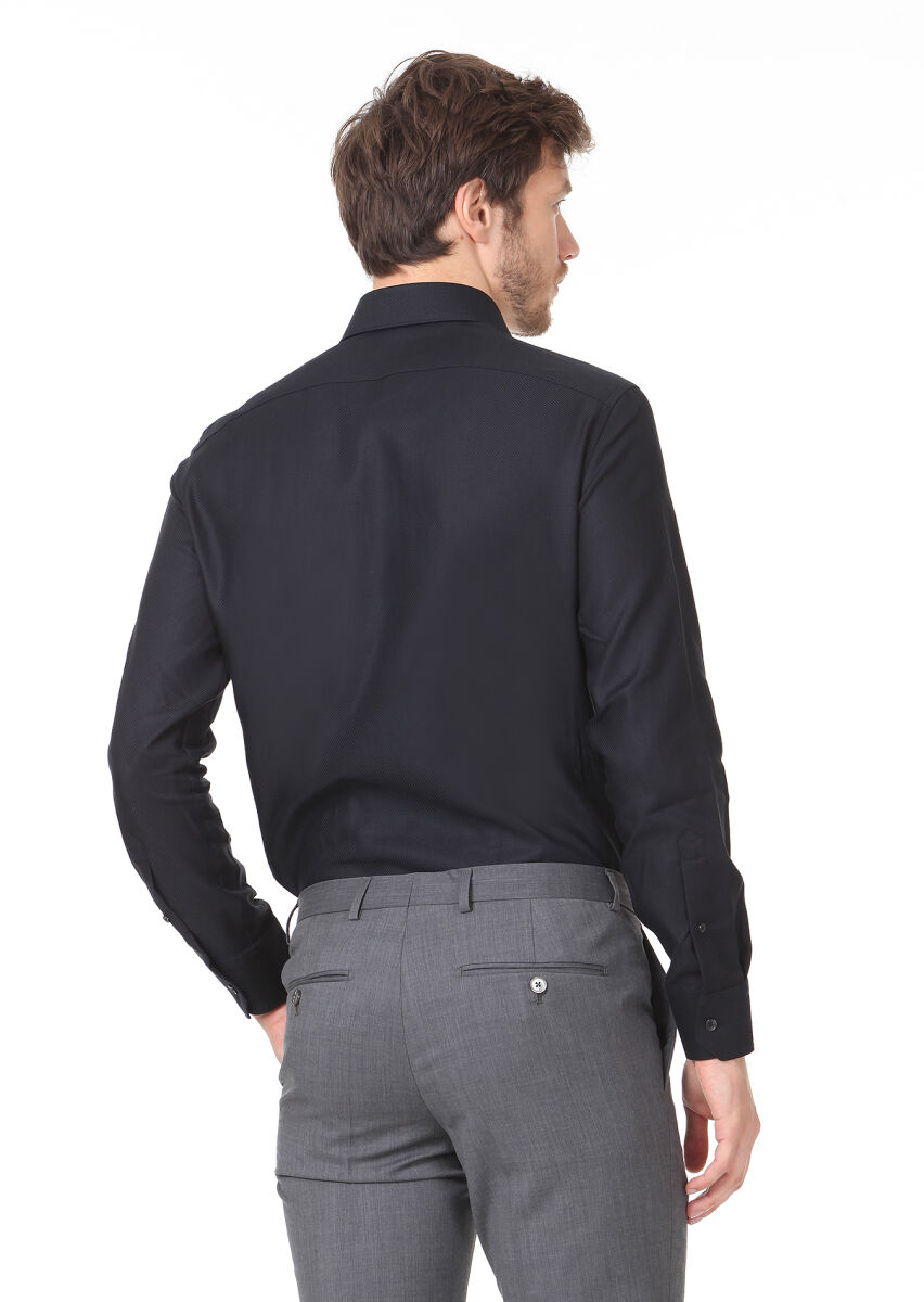 Black Plain Regular Fit Long Weaving Classical 100% Cotton Shirt - 4