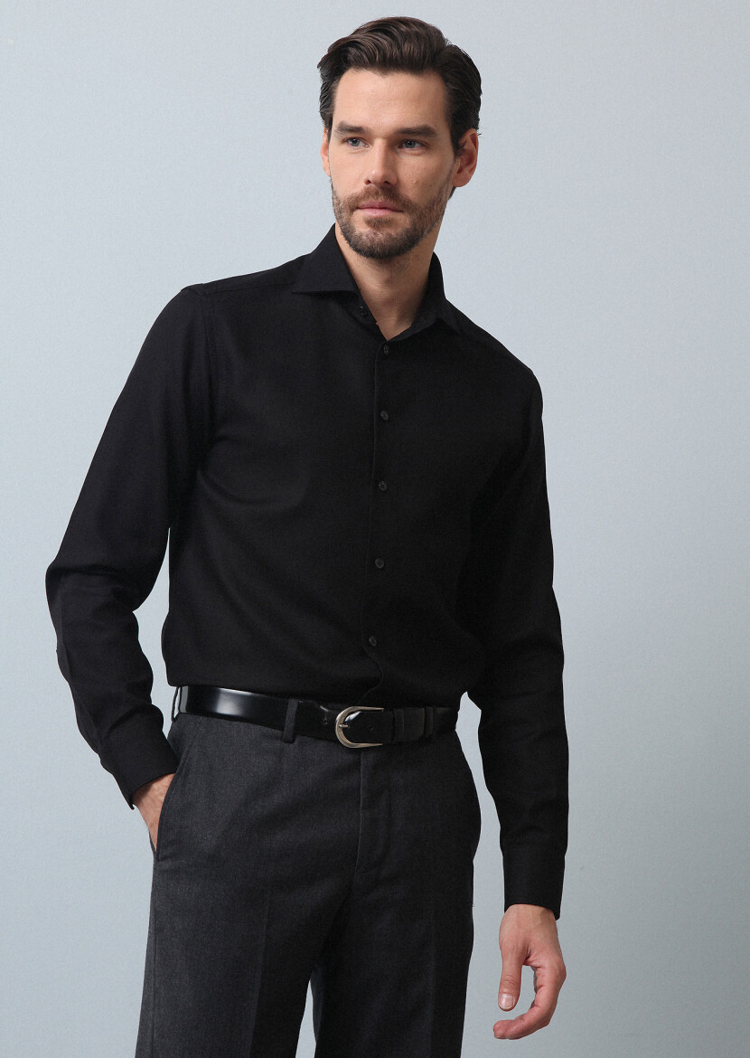 Black Plain Regular Fit Long Weaving Classical 100% Cotton Shirt - 1