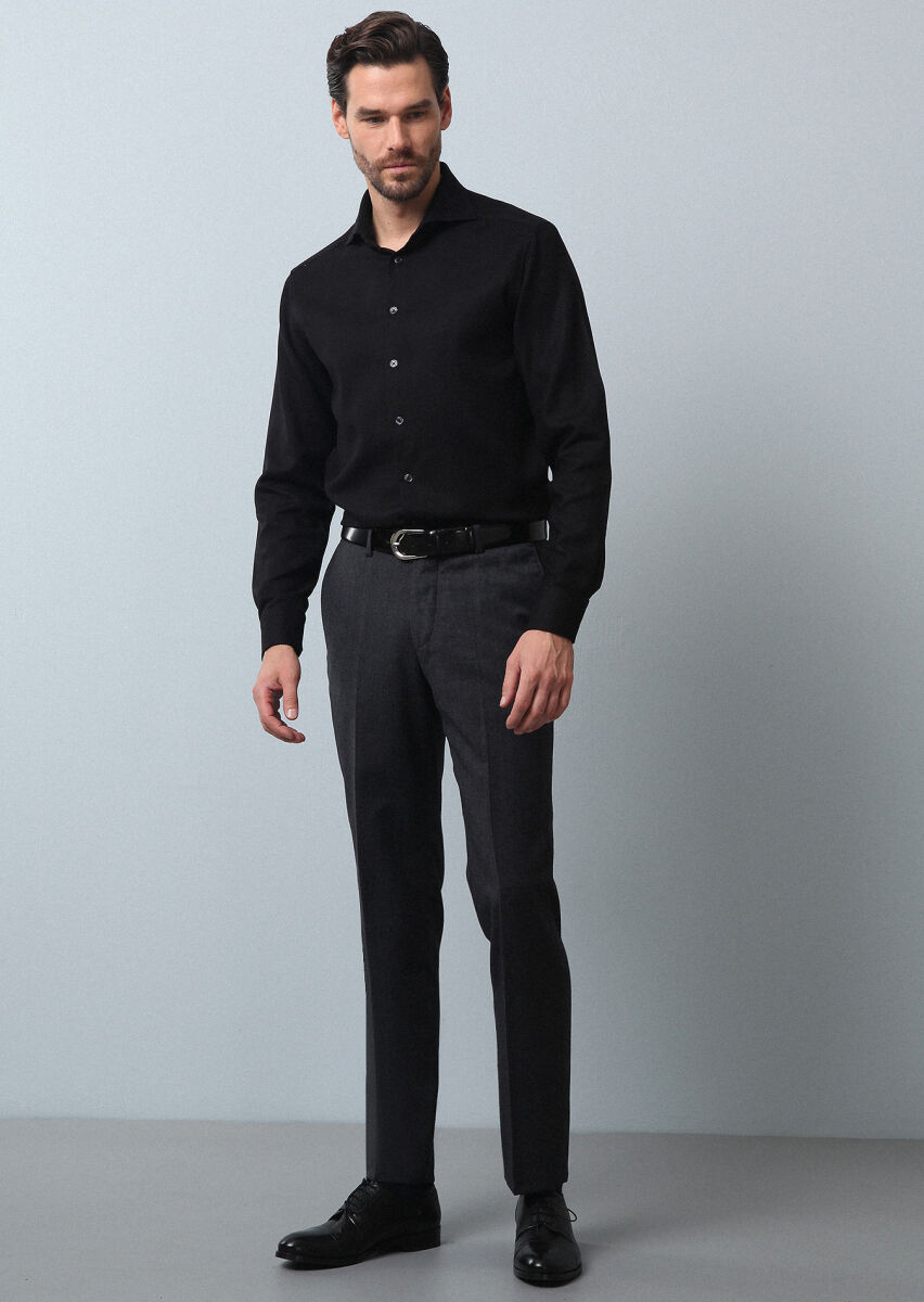 Black Plain Regular Fit Long Weaving Classical 100% Cotton Shirt - 3