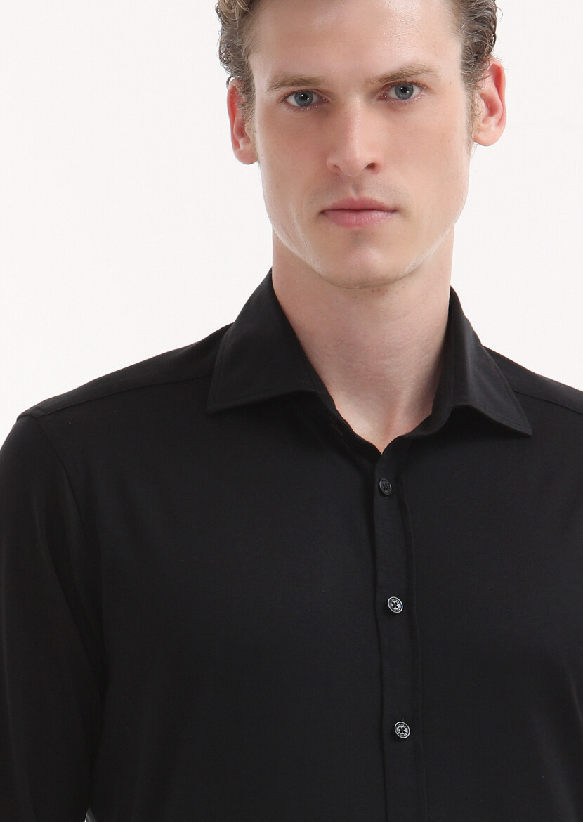 Black Plain Regular Fit Long Weaving Classical 100% Cotton Shirt - 3