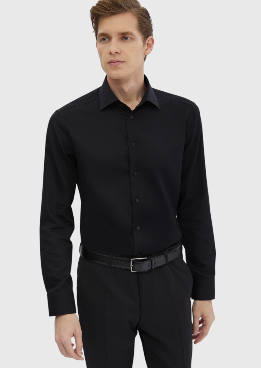 Black Plain Regular Fit Long Weaving Classical 100% Cotton Shirt 
