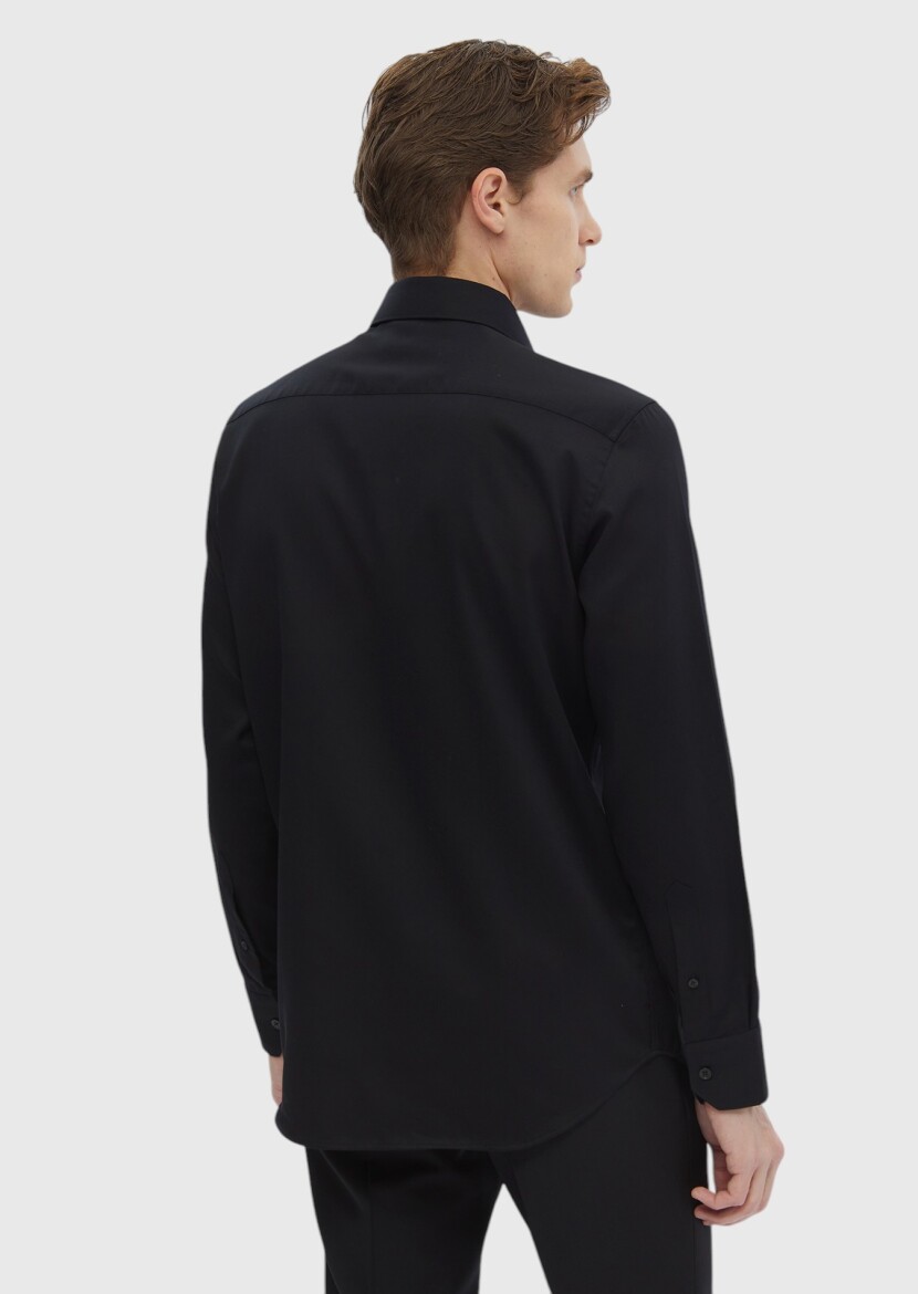 Black Plain Regular Fit Long Weaving Classical 100% Cotton Shirt - 6