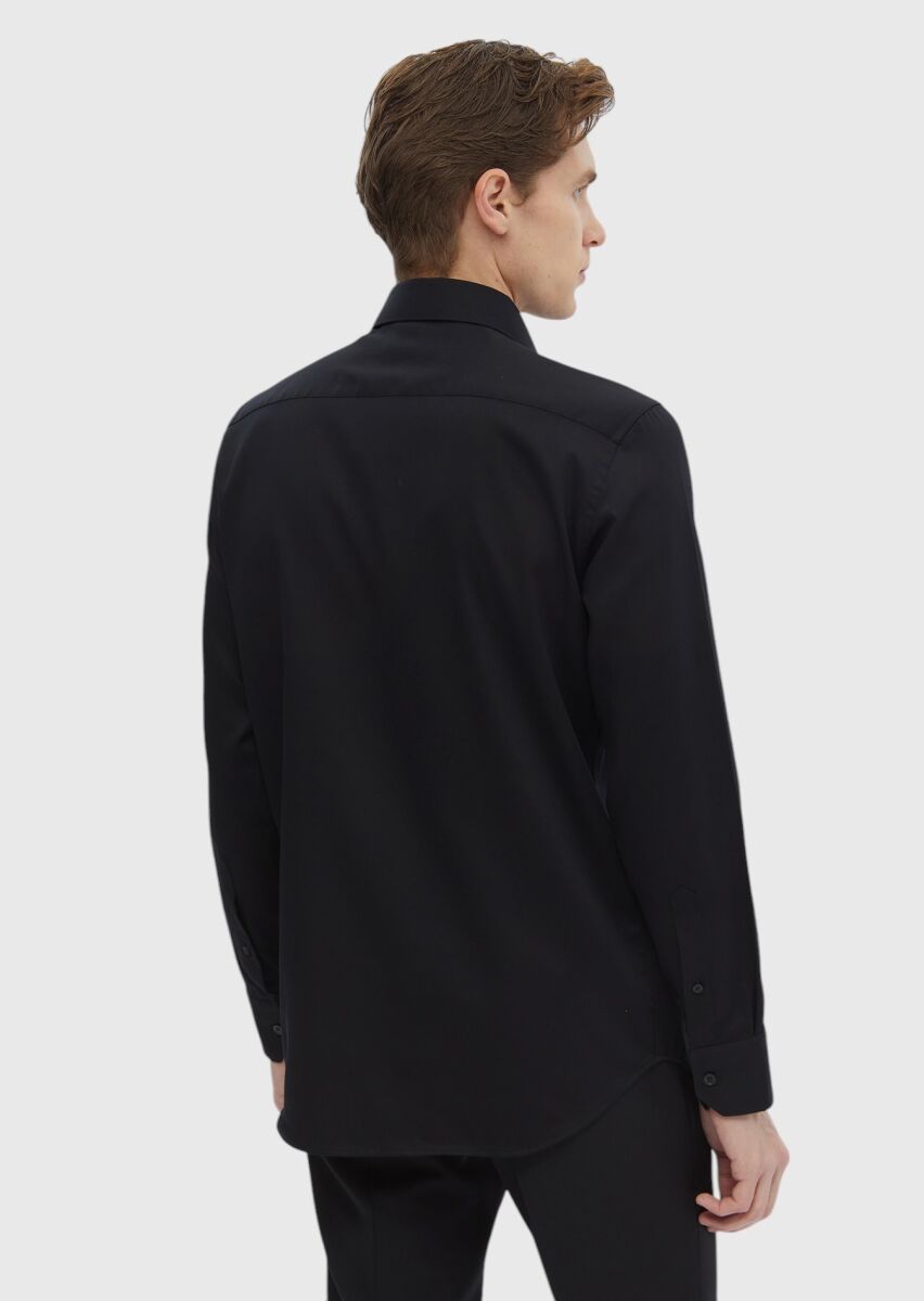 Black Plain Regular Fit Long Weaving Classical 100% Cotton Shirt - 6