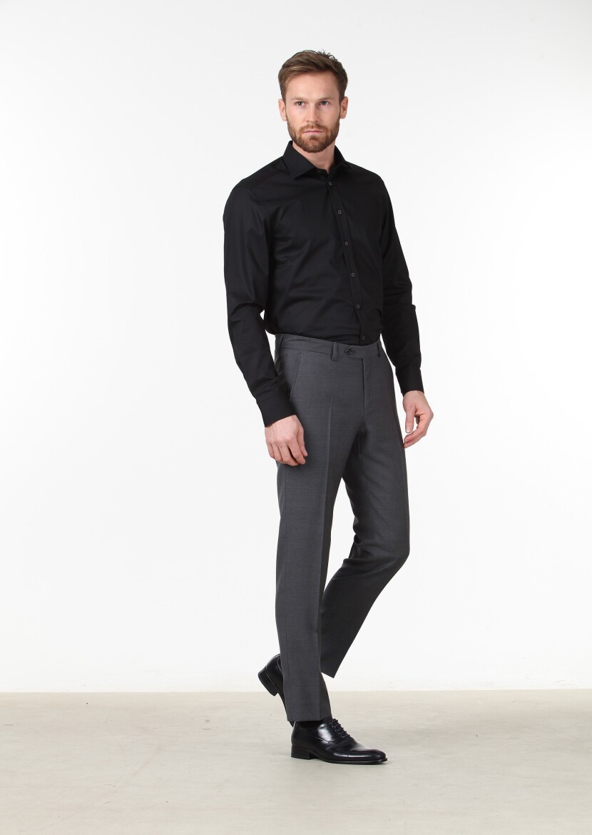 Black Plain Regular Fit Long Weaving Classical Cotton Blended Shirt - 3