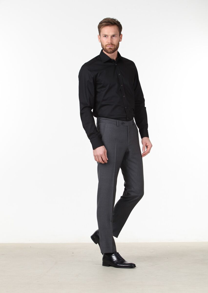 Black Plain Regular Fit Long Weaving Classical Cotton Blended Shirt - 3