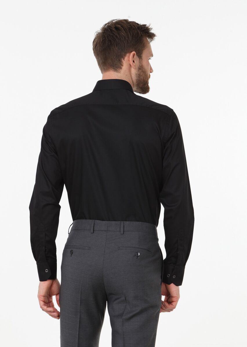 Black Plain Regular Fit Long Weaving Classical Cotton Blended Shirt - 4