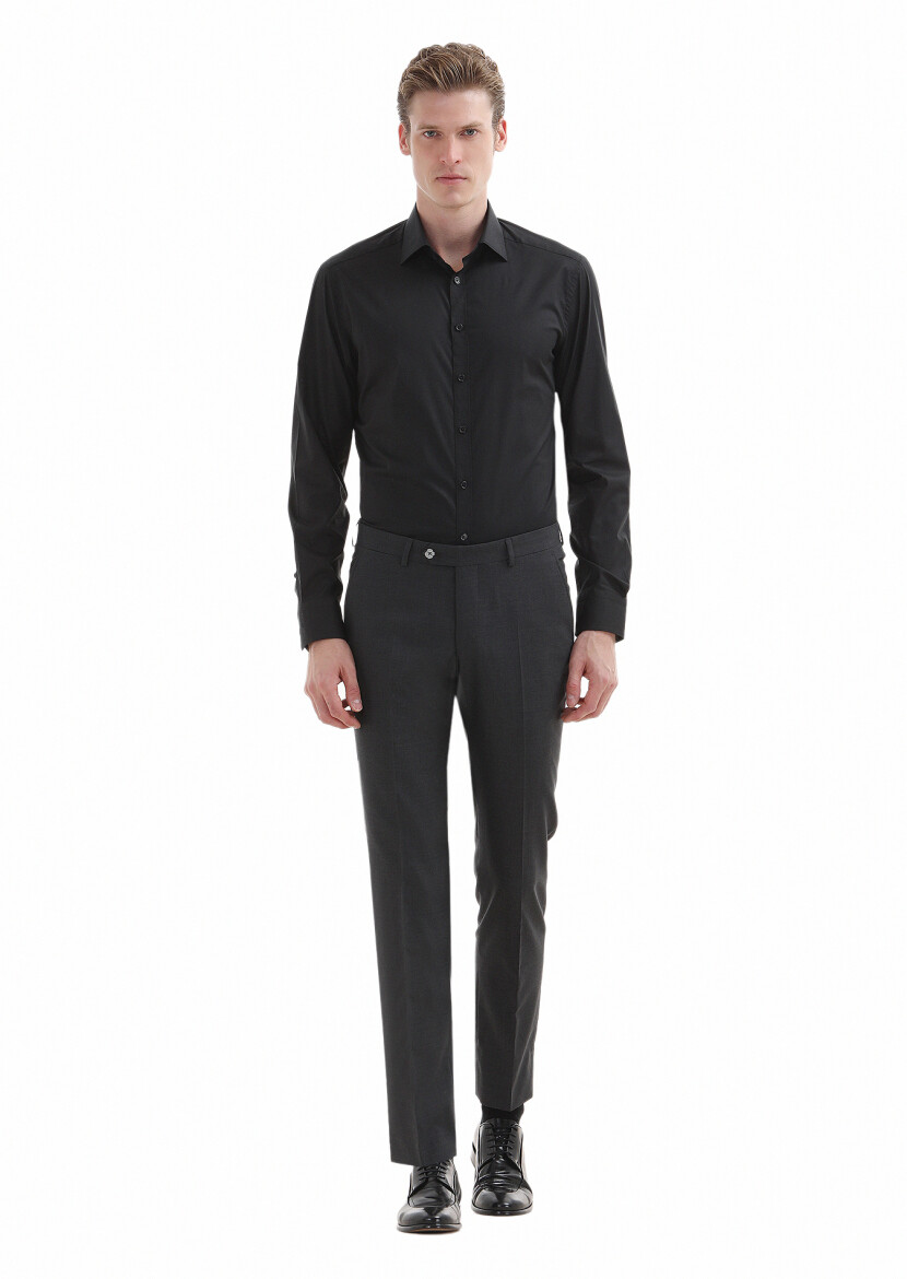 Black Plain Regular Fit Long Weaving Classical Cotton Blended Shirt - 1
