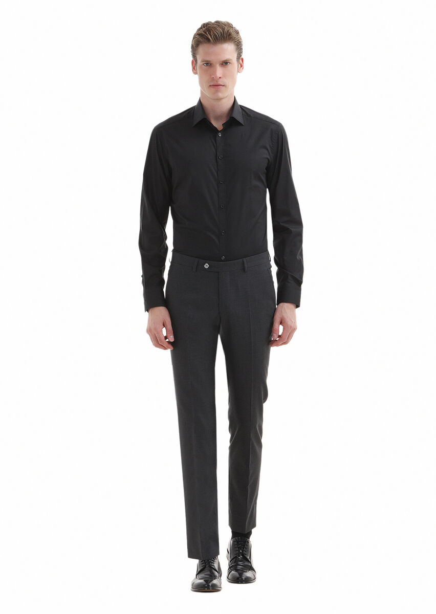 Black Plain Regular Fit Long Weaving Classical Cotton Blended Shirt - 1