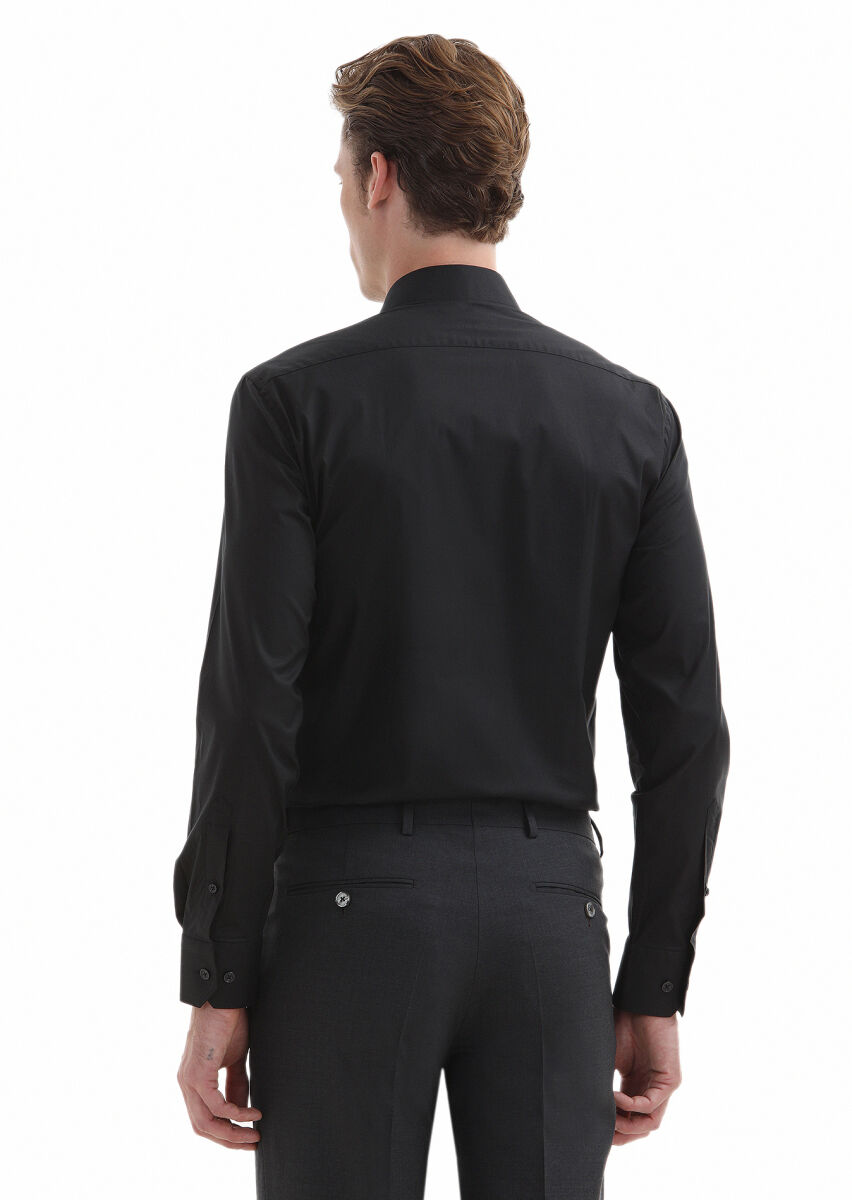 Black Plain Regular Fit Long Weaving Classical Cotton Blended Shirt - 4