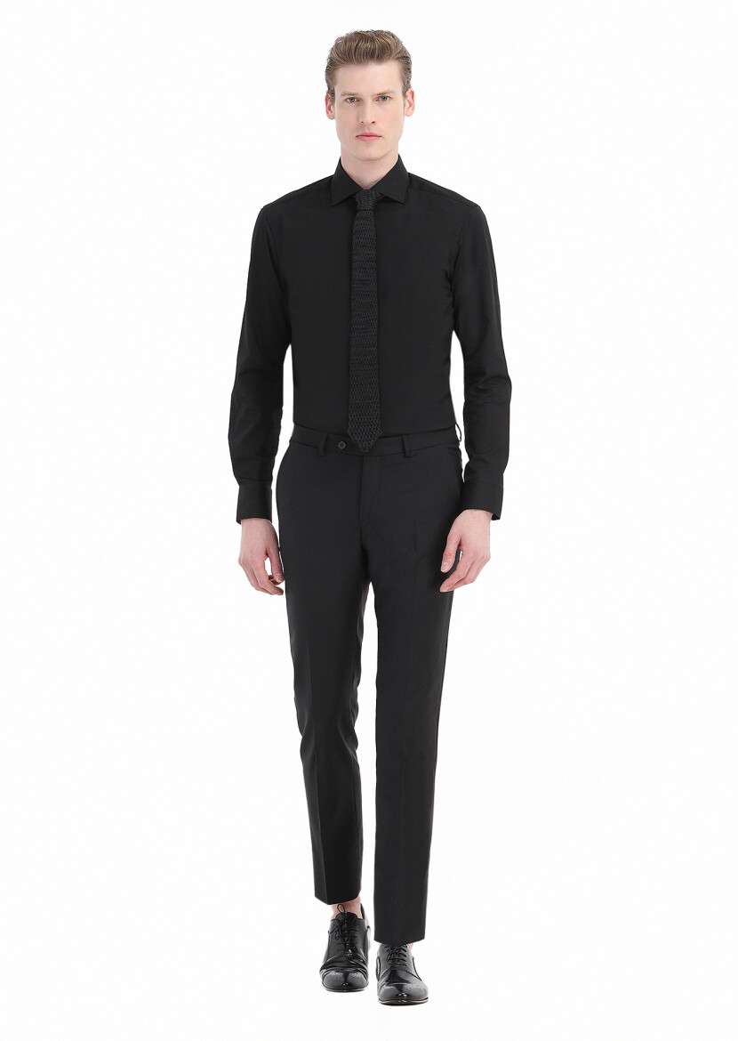 Black Plain Regular Fit Long Weaving Classical Cotton Blended Shirt 