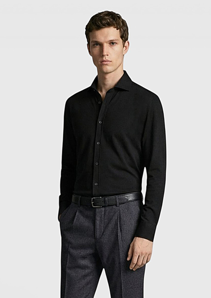 Black Plain Regular Fit Long Weaving Classical Shirt - 1