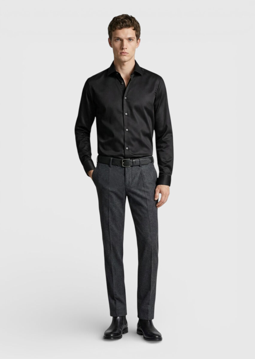 Black Plain Regular Fit Non Iron Long Weaving Classical 100% Cotton Shirt - 2