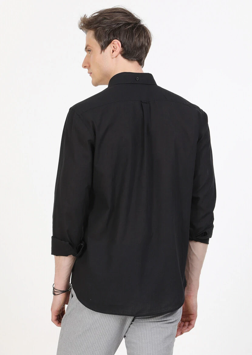 Black Plain Regular Fit Weaving Casual 100% Cotton Shirt - 5