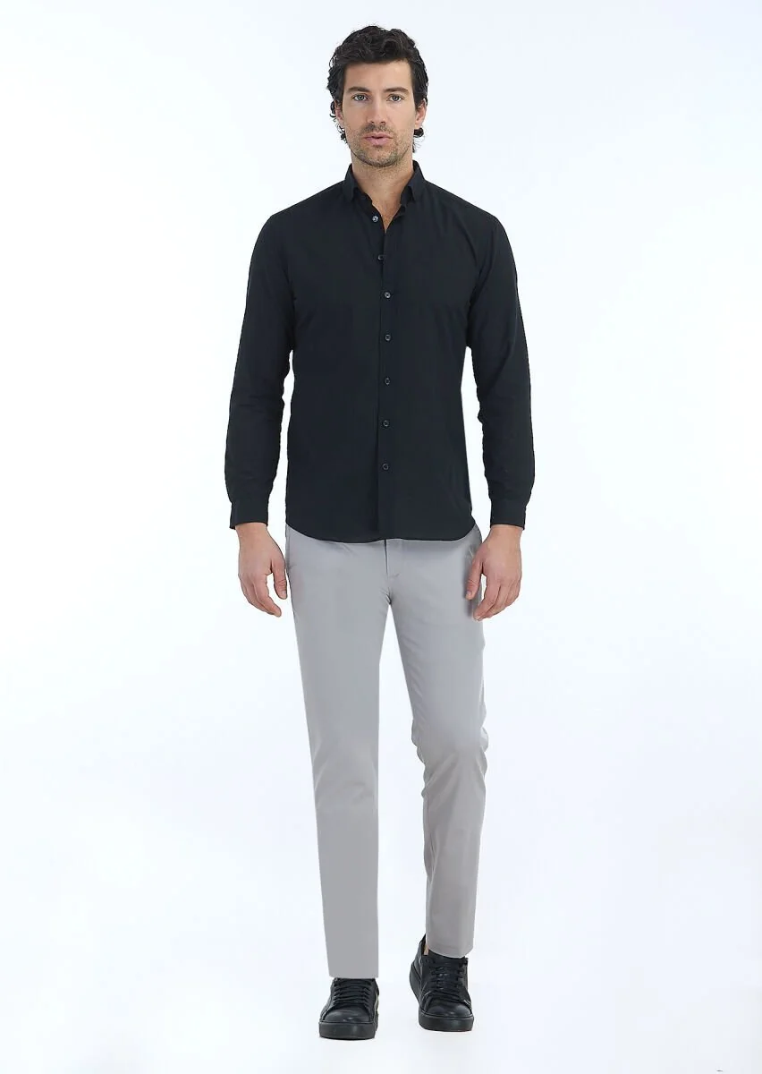 Black Plain Regular Fit Weaving Casual 100% Cotton Shirt - 1