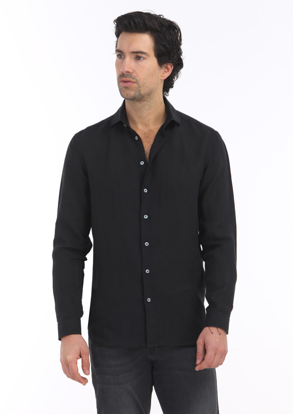 Black Plain Regular Fit Weaving Casual 100% Linen Shirt - 2