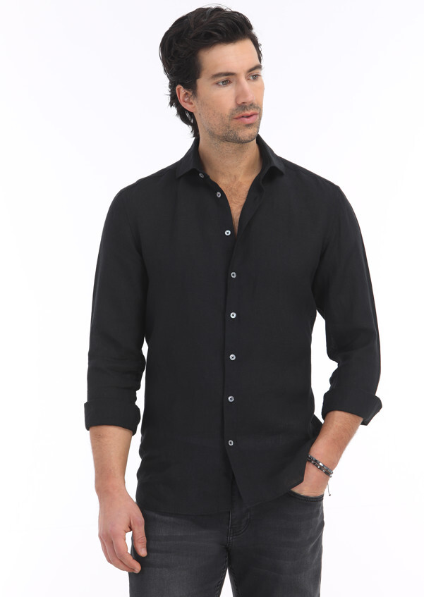 Black Plain Regular Fit Weaving Casual 100% Linen Shirt - 3