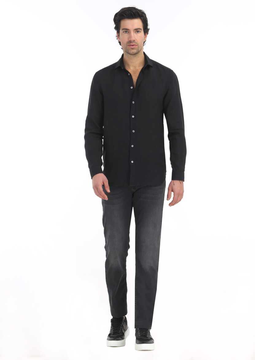 Black Plain Regular Fit Weaving Casual 100% Linen Shirt - 1