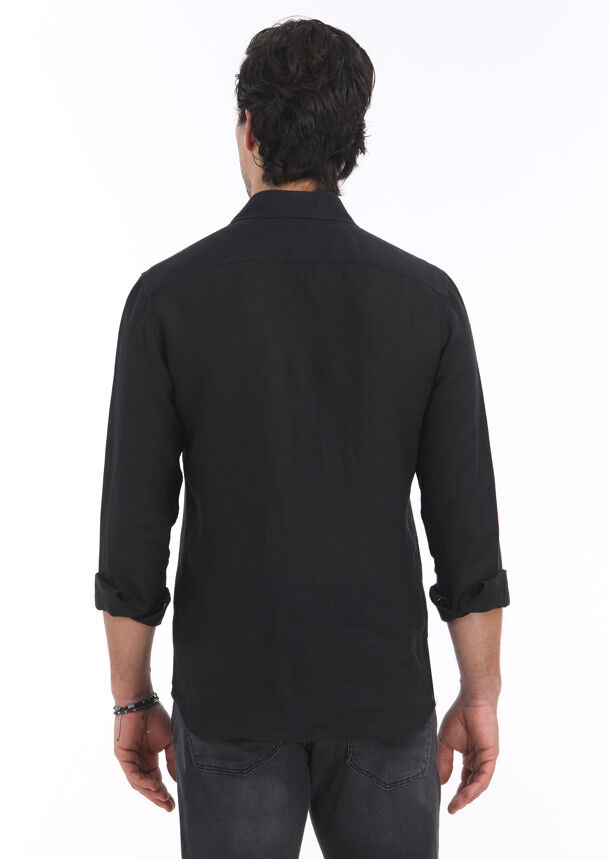 Black Plain Regular Fit Weaving Casual 100% Linen Shirt - 5