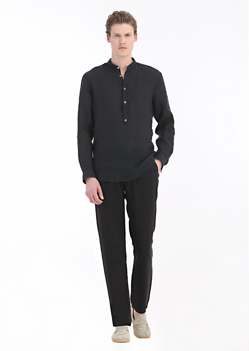 Black Plain Regular Fit Weaving Casual 100% Linen Shirt - 1