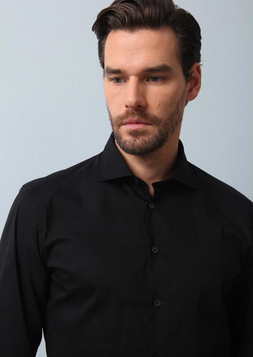 Black Plain Regular Fit Weaving Casual Cotton Blended Shirt - 2