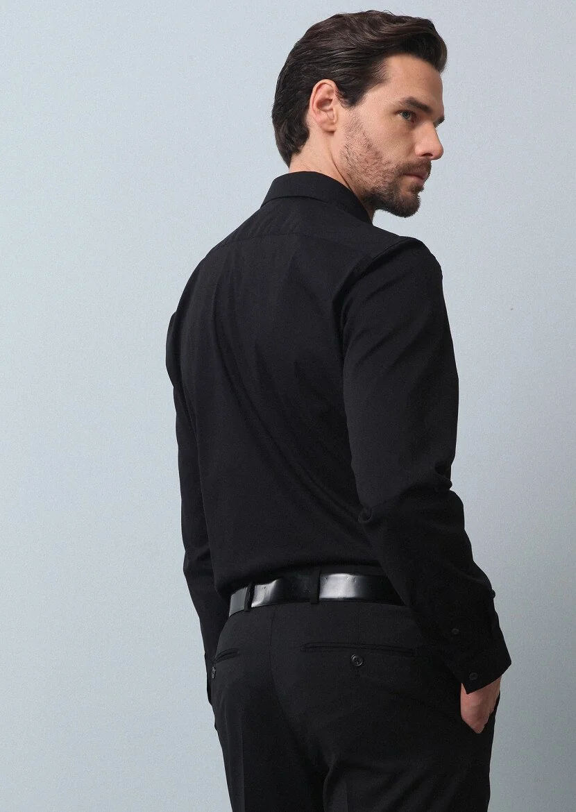 Black Plain Regular Fit Weaving Casual Cotton Blended Shirt - 5