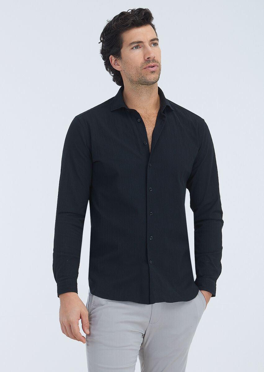 Black Plain Regular Fit Weaving Casual Cotton Blended Shirt - 2