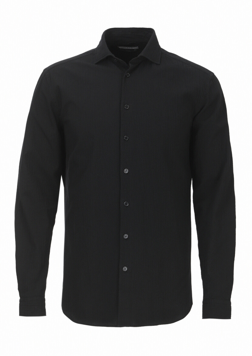 Black Plain Regular Fit Weaving Casual Cotton Blended Shirt - 6