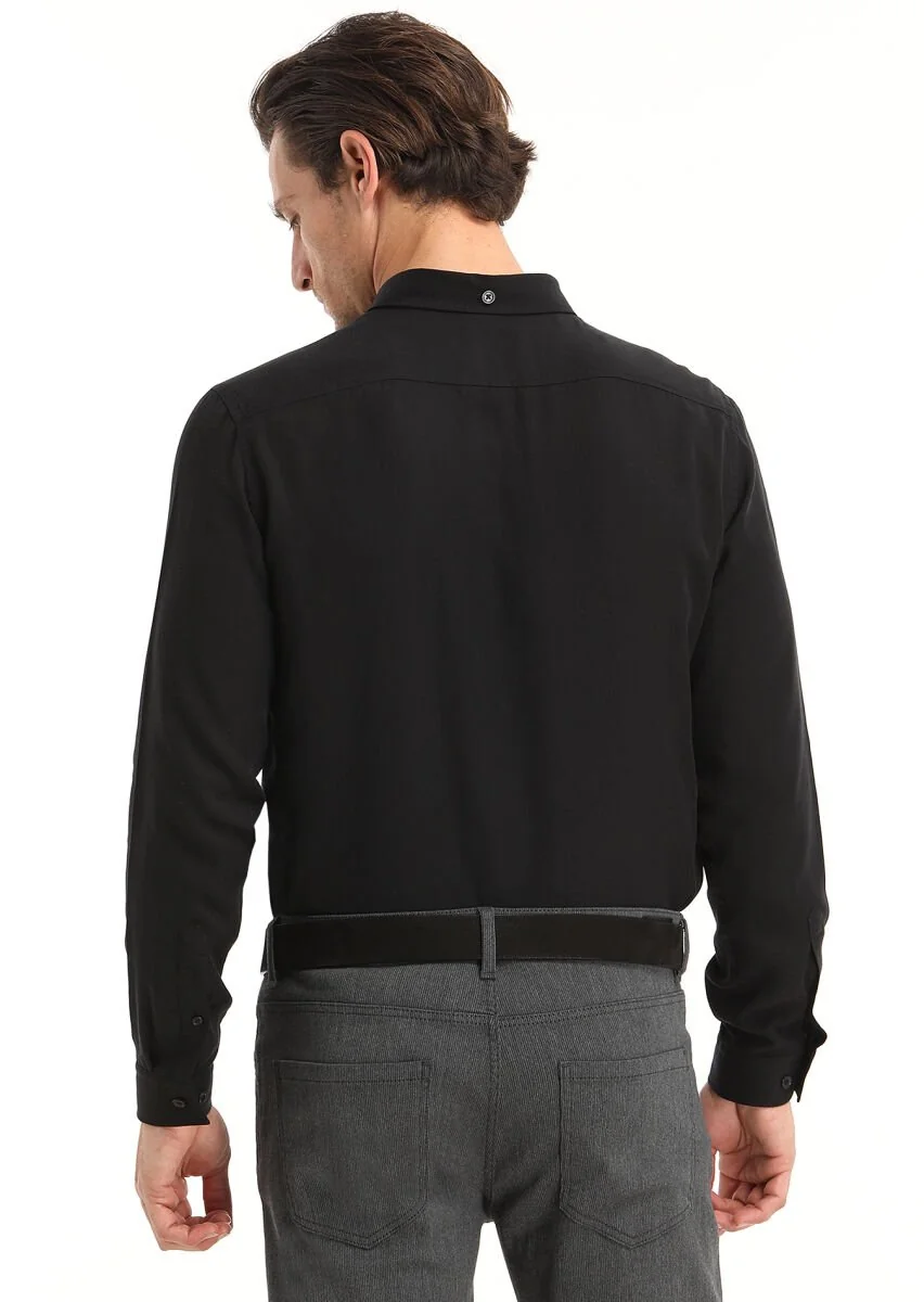 Black Plain Regular Fit Weaving Casual Shirt - 4