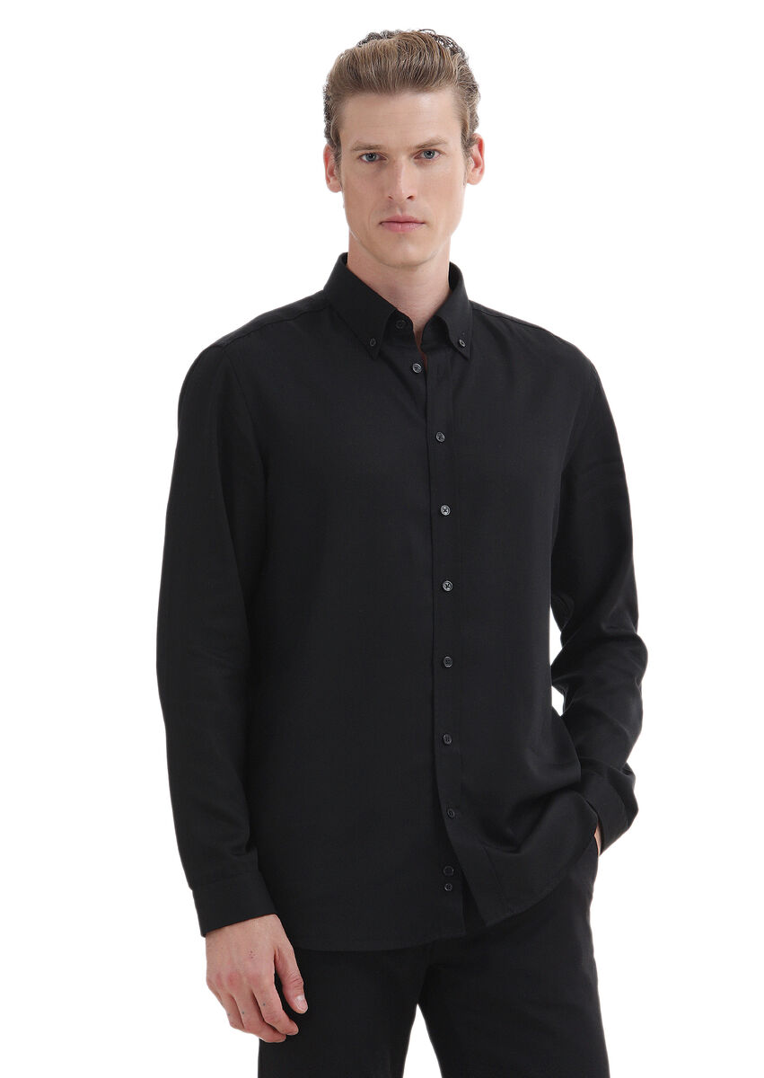 Black Plain Regular Fit Weaving Casual Shirt - 1