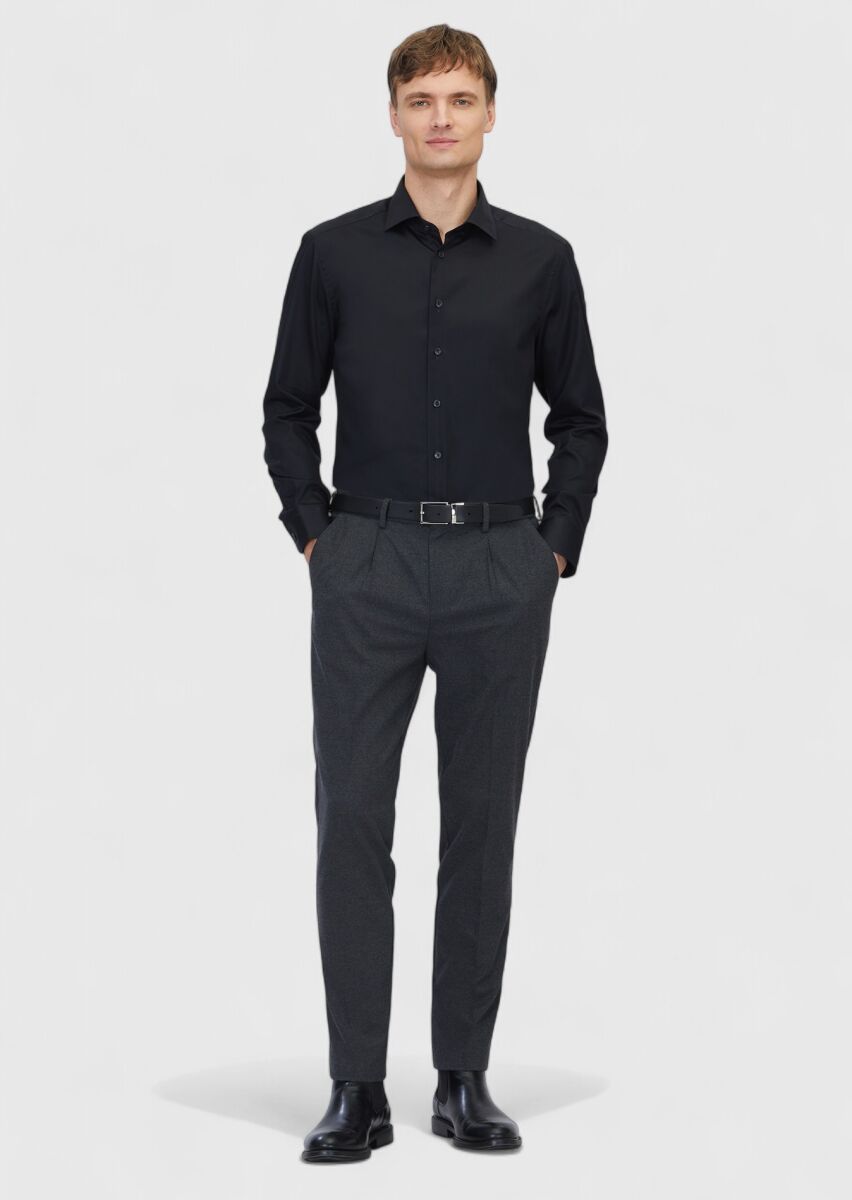 Black Plain Regular Fit Weaving Classical 100% Cotton Shirt - 2