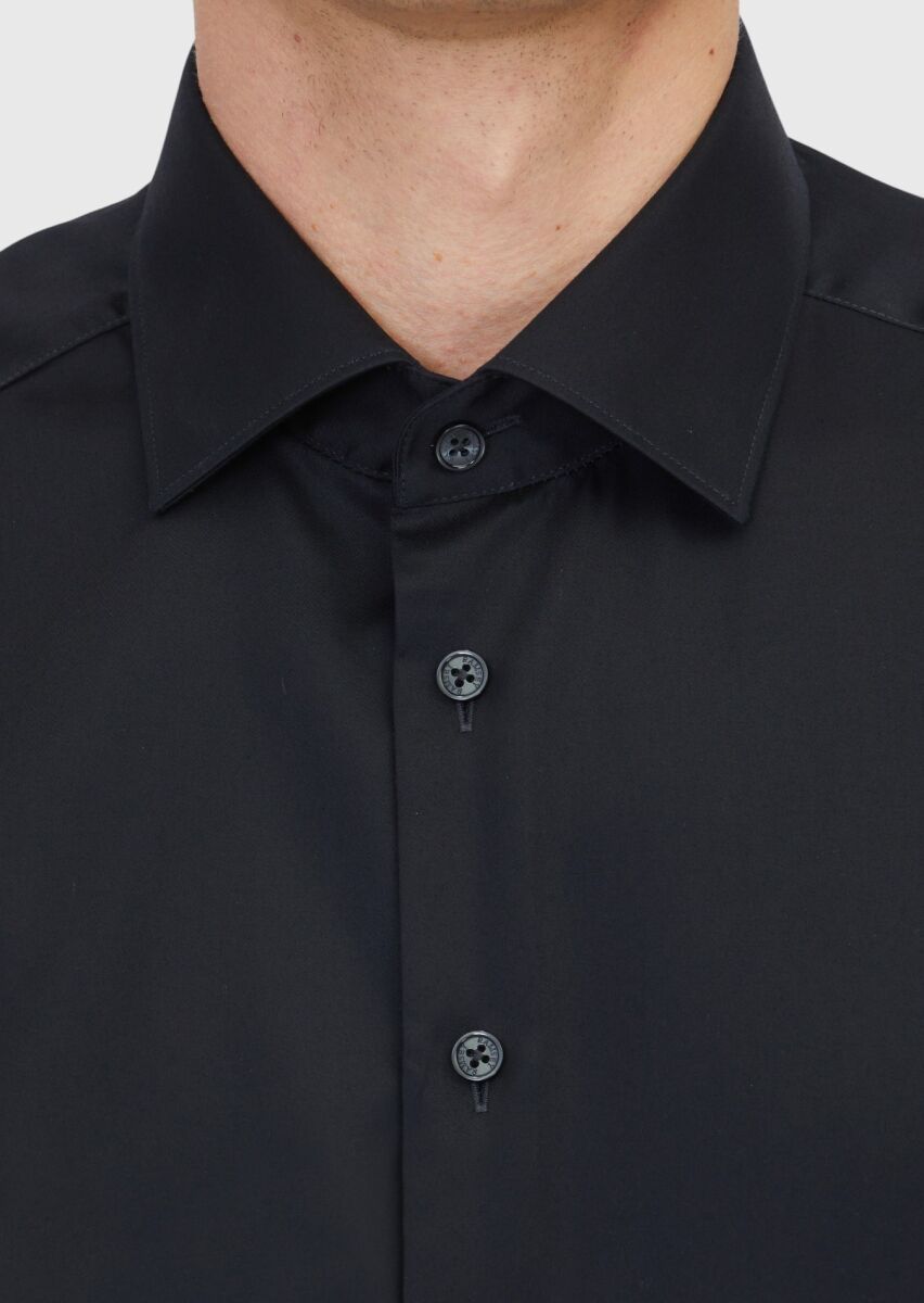 Black Plain Regular Fit Weaving Classical 100% Cotton Shirt - 5
