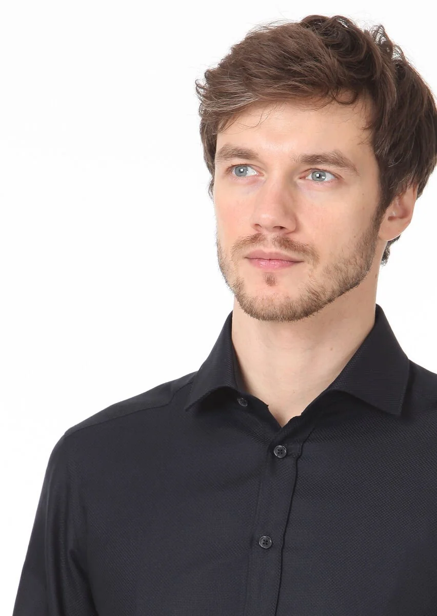 Black Plain Regular Fit Weaving Classical 100% Cotton Shirt - 2