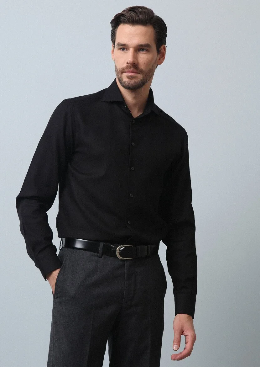 Black Plain Regular Fit Weaving Classical 100% Cotton Shirt - 1