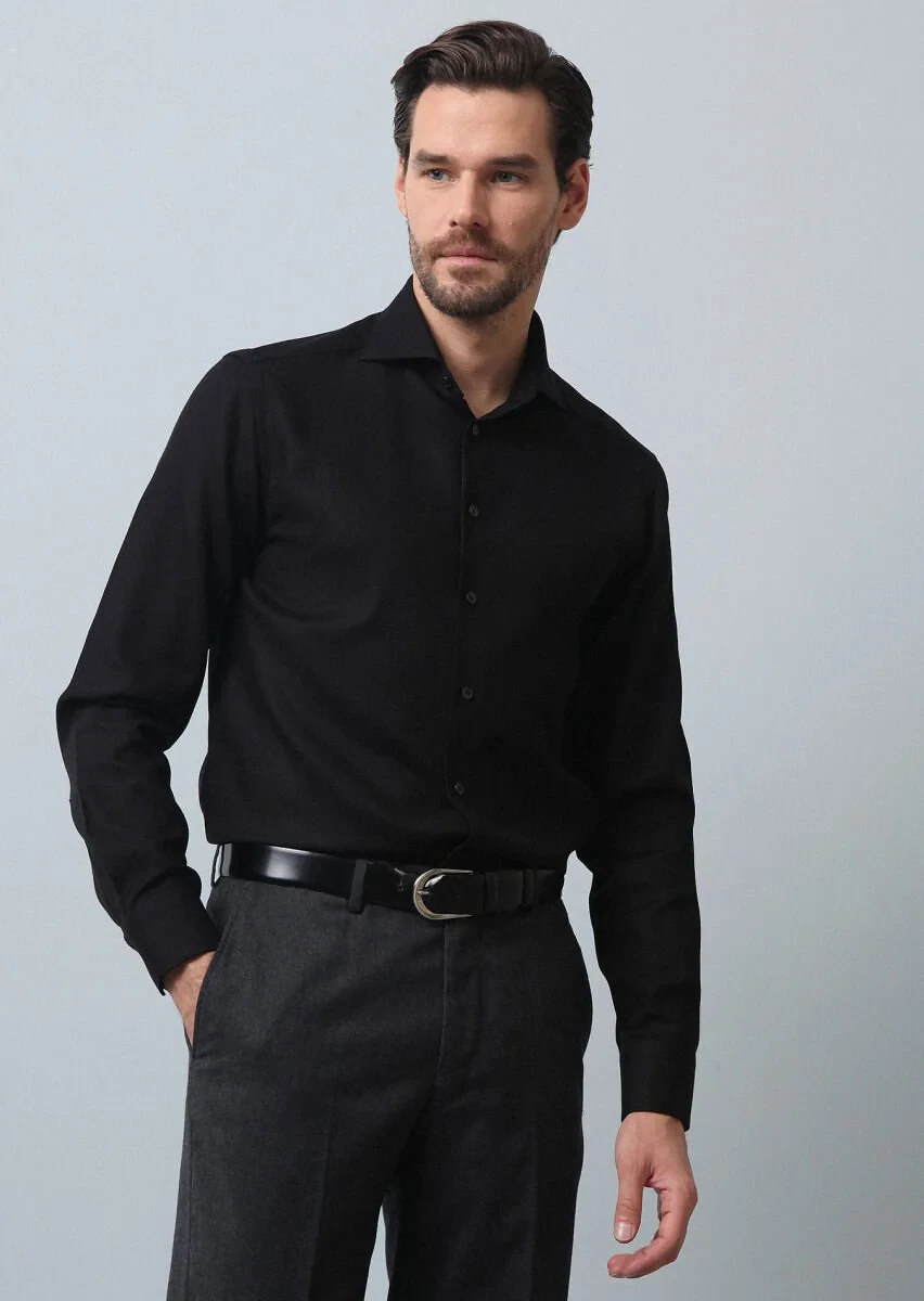Black Plain Regular Fit Weaving Classical 100% Cotton Shirt - 1