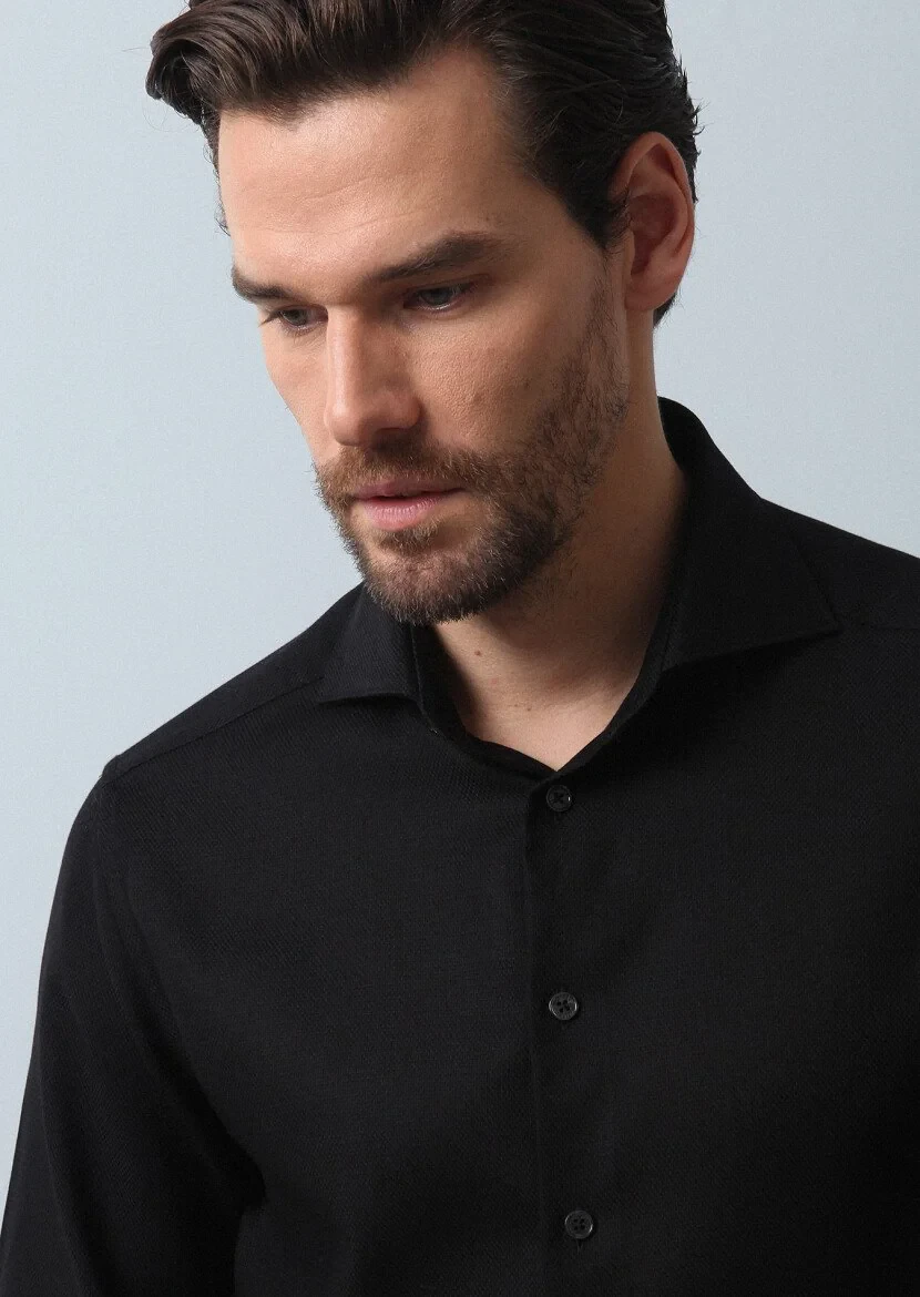 Black Plain Regular Fit Weaving Classical 100% Cotton Shirt - 2