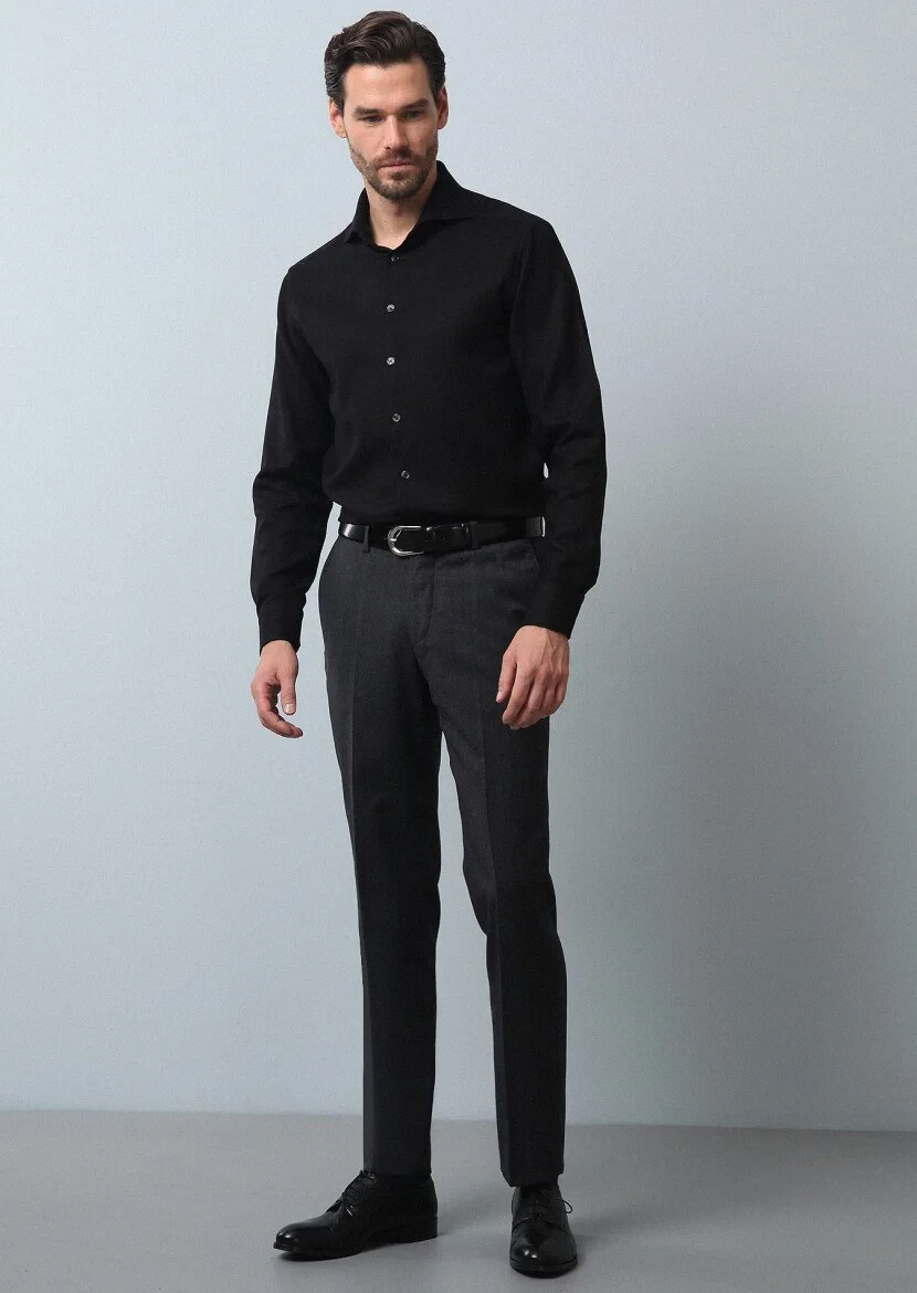 Black Plain Regular Fit Weaving Classical 100% Cotton Shirt - 3