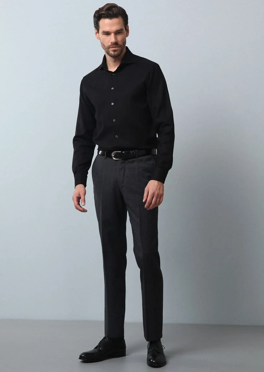 Black Plain Regular Fit Weaving Classical 100% Cotton Shirt - 3