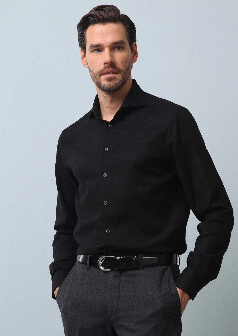 Black Plain Regular Fit Weaving Classical 100% Cotton Shirt - 4