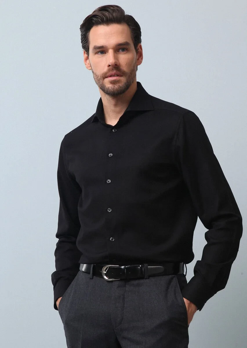 Black Plain Regular Fit Weaving Classical 100% Cotton Shirt - 4