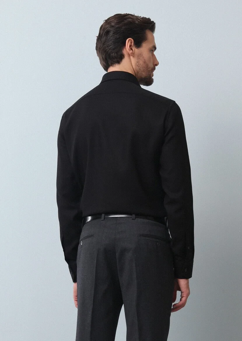 Black Plain Regular Fit Weaving Classical 100% Cotton Shirt - 5