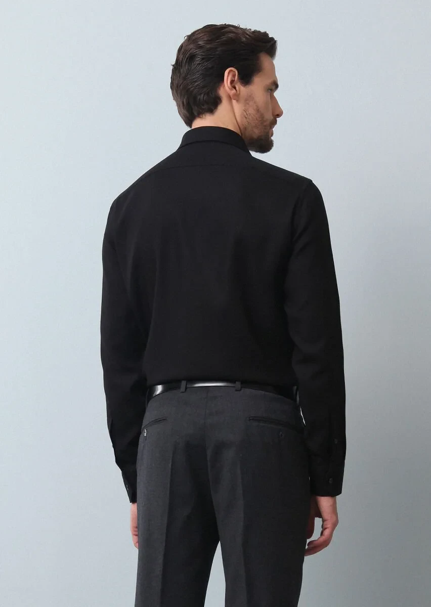 Black Plain Regular Fit Weaving Classical 100% Cotton Shirt - 5